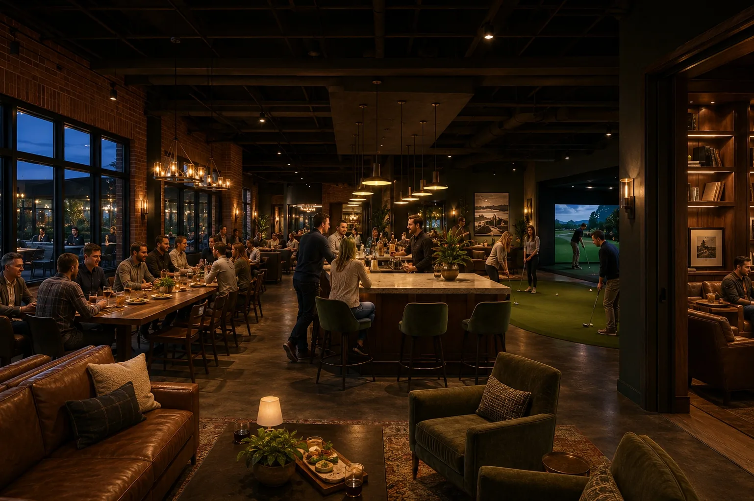 Inside The 19th House at dusk: friends gathered at the community table and bar, with a golf simulator bay and lounge seating visible beyond