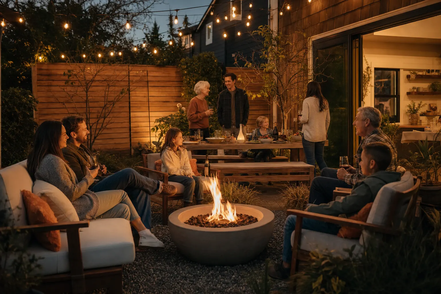Families and friends gathered around a fire pit on The 19th House patio at golden hour